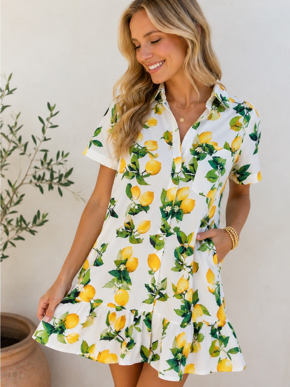 Cynthia Rowley White Lemon Print Short-Sleeve Shirt Dress